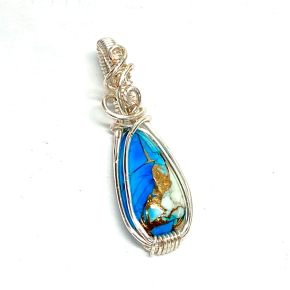 HANDCRAFTED Blue Dahlia Turquoise Composite Cabochon Hand Wrapped Pendant, Gift - Picture 6 of 10